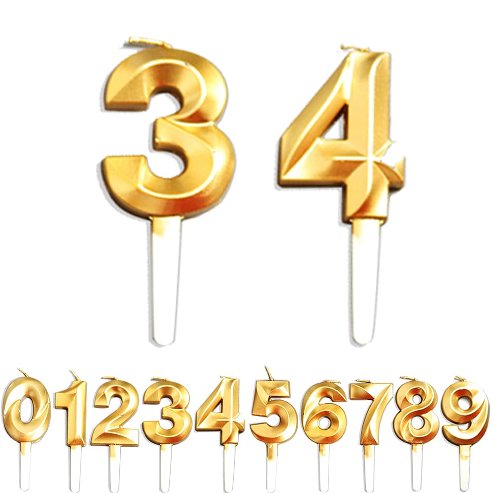 Birthday Candles, 34th/43th/3th/4th Birthday Cake Candles, Cake Decoration for Birthday Party Wedding Anniversary Graduation Party Supplies (Gold, Number 3&4)