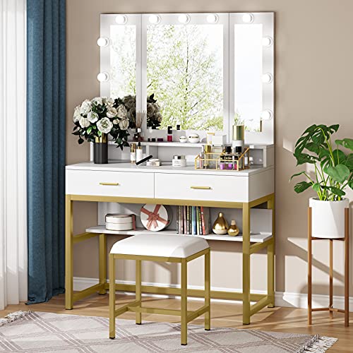 Tribesigns Vanity Set with TriFolding Lighted Mirror, Makeup Vanity