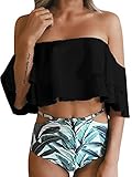 Imily Bela Women's Bikini Ruffle Off Shoulder Top & Floral Shorts Swimsuit Bathing Suit 2pc Sets (Medium, Black)