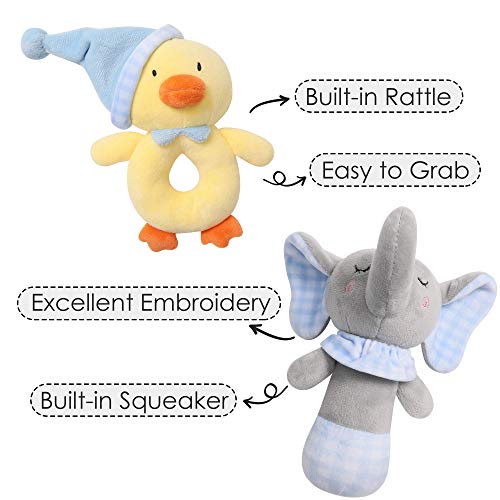 TILLYOU 2 PCS Soft Baby Rattle for Newborns, Plush Stuffed Animal Rattle, Rattle Shaker Set for Infants, Shower Gifts for Girls Boys, Shaker & Teether Toys for 3 6 9 12 Months (Elephant/Ducking)