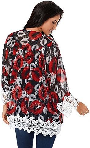 PYL Women's Long Sleeve Lips Print Patchy Hem Lace Chiffon Cardigan