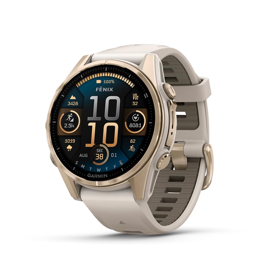 Garmin fēnix® 8 – 43mm, AMOLED, Sapphire, Premium Multisport GPS Smartwatch, Long-Lasting Battery Life, Dive-Rated, Built-in LED Flashlight, Soft Gold with Dark Sandstone Band Image