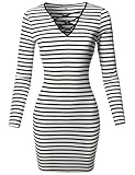 Lattice-Front Stripe Long Sleeves Dress Soft White Black L