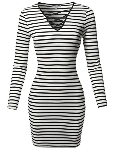 Made by Emma Lattice-Front Stripe Long Sleeves Dress Soft White Black M