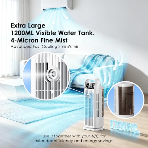 6 in 1 Mobile Air Conditioner, Quiet Portable Air Conditioner with Air Cooler 1200ml, 120°Oscillation, 1-12H Timers, 4 Speed, Touch Keys and Remote Control (Cool White)