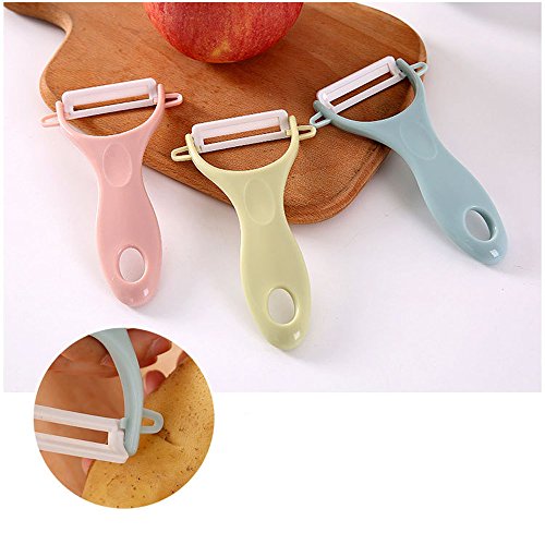 Elaco 3Pcs Fruit Peeler, Creative Stainless Steel Ceramics Fruit Peeler Parer Cutter Kitchen Tool Helper (Green,Yellow,Pink) - Thumbnail 3