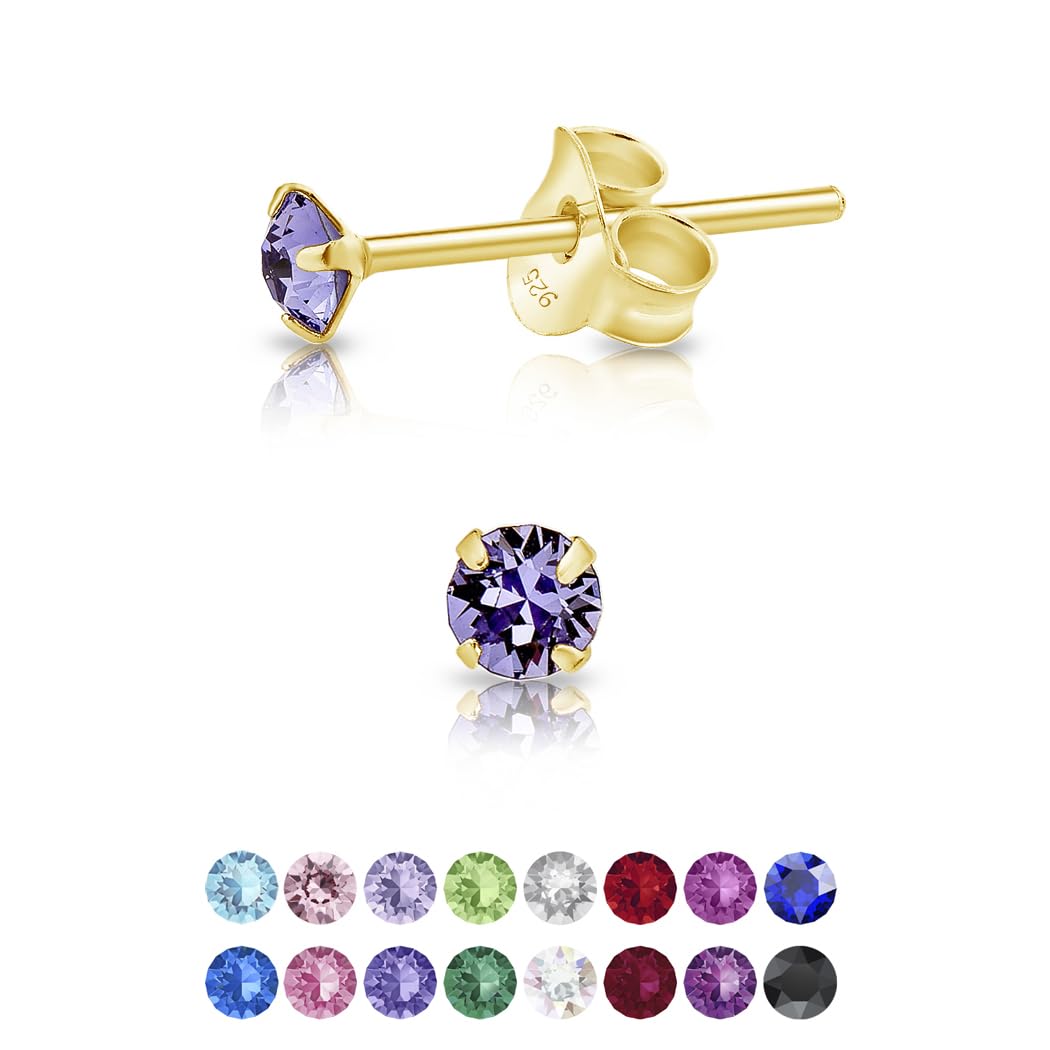 DTPSilver - 925 Sterling Silver Yellow Gold plated Round TINY Stud Earrings made with Glittering Crystals from Swarovski® Elements - Diameter: 3 mm - Colour : Tanzanite