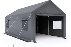 Cecarol C01 10x20FT Heavy Duty Carport, 200G Heat-Sealing All Weather Tarp, 40MPH Windproof, w/Side Tarps for Sandbag Mounting, Roll-up Mesh Windows, Detachable Side Walls&Doors (Grey)