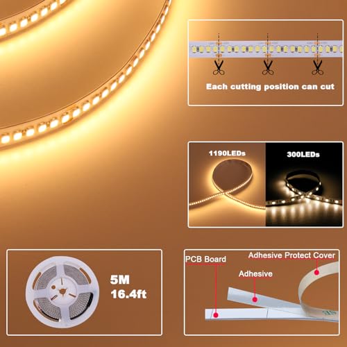 TOPAI Strip LED 24V 5 m 20W/m High brightness Warm White 3000K | 10 mm wide, 238LEDs/m, non-waterproof, self-adhesive, flexible cuttable, for kitchen and bedroom
