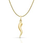 14K Yellow Gold Cornicello Italian Horn Necklace Good Luck Charm Pendant with 1.2mm Flat Open Wheat Chain