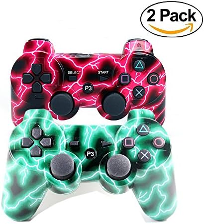[2 Pack] Wireless Double Vibration Game Controller Bluetooth Sixaxis Gamepad Remote for PS3 Playstation 3 [Gift 2 Charging-Cable] (Red+Green Lighting)