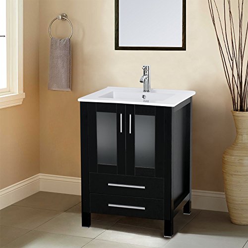 U-Eway 24" Bathroom Vanity with Ceramic Undermount Vessel Sink Combo,Chrome Faucet Drain with Overflow,Bathroom Cabinet with Mirror,2 Drawers,20-inch Deep Cabinet &1.5 GPM 30% Water Saving Faucet