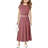 Haloumoning Girls 2 Piece Maxi Skirt Set Kids Ribbed Knit Crop Top and Elastic Waist Long Skirt Sets Outfits 5-14 Years