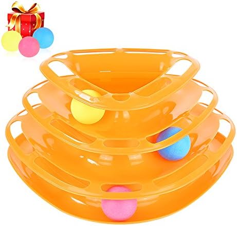 HonFei Tower Tracks Cat Toy, Three Layers Amusement Plate Crazy Cat Scratching Ball Disk Toy 6 Balls, Anti-Slip Interactive Triangle Tower Tracks Toys Cat Kitten