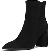 Athlefit Women's Heeled Ankle Boots Fashion Pointed Toe Chunky Block Heel Side Zipper Short Booties