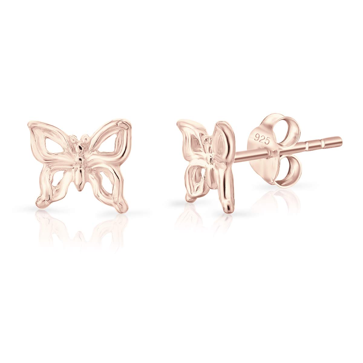 DTPsilver® SMALL 925 Sterling Silver Rose Gold Plated Studs Earrings - Butterfly Cut-out Wings - Dimension: 8 x 7 mm