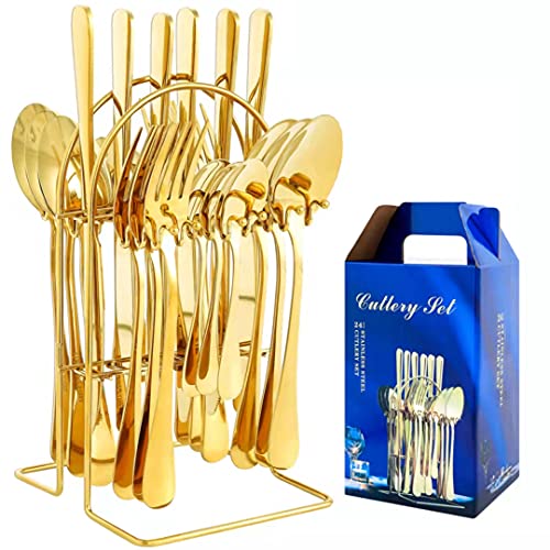 Silverware Set 24 Piece Gold Silverware Flatware Cutlery Set With Stand
