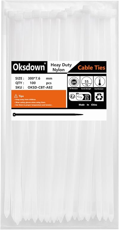 Oksdown 100 Pack White Cable Ties 300mm 7.6mm Heavy Duty Nylon 55kg