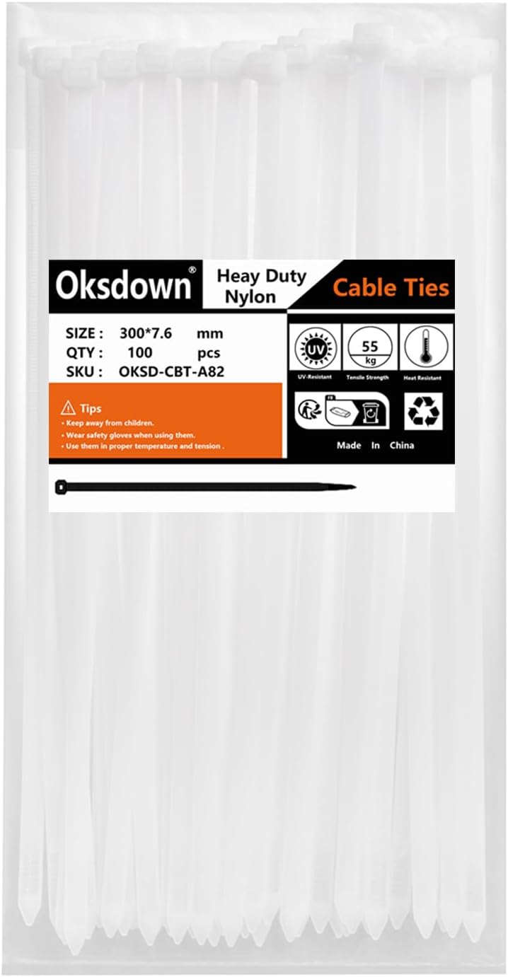 Oksdown 100 Pack White Cable Ties 300mm 7.6mm Heavy Duty Nylon 55kg