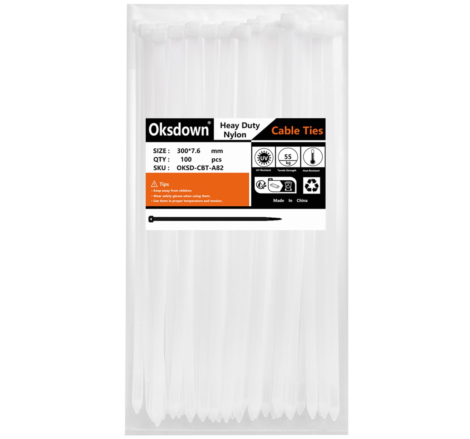 Oksdown 100 Pack White Thick Cable Ties Heavy Duty Large 300mm×7.6mm Strong Nylon Plastic Self Locking 12 inch/30 cm Extra Long Clear Zip Tie Wraps