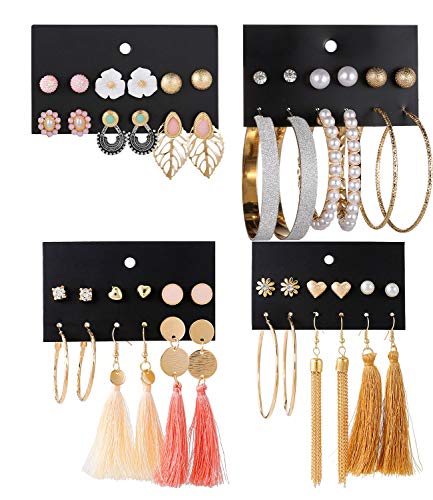 WAINIS 23-44 Pairs Assorted Multiple Stud Hoop Dangle Earrings Set Women Girls Acrylic Round Ball CZ Bohemian Long Tassel Drop Earrings Pack