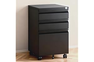 TEEALUBAN 3 Drawer File Cabinet with Lock,Under Desk Rolling Small Filing Cabinet for Home Office Storage,Mobile Steel Cabinets with Wheels,Fully Assembled,Black