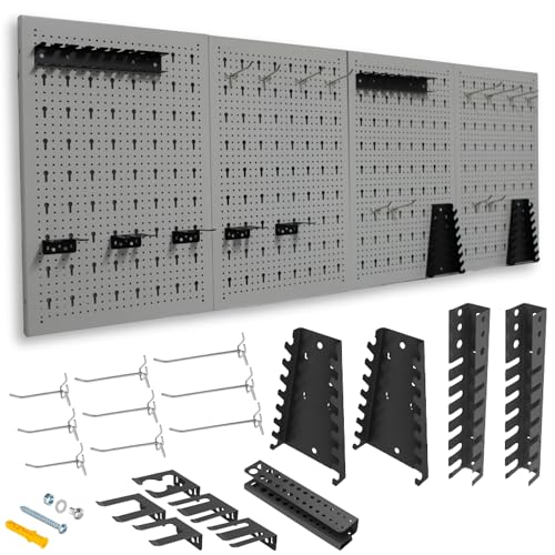 Metallmobell HPTH01G Tool Wall Panel 160 x 60 x 2 cm, 4 Perforated Panels, Hooks and Brackets, Wall Panels for Work Tools, Perforated Panel Tool Holder HPTH01G