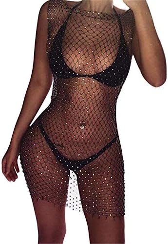 Women's One Size Sexy Elastic See-Through Fishnet Sleeveless Rhinestone Short Tops Black