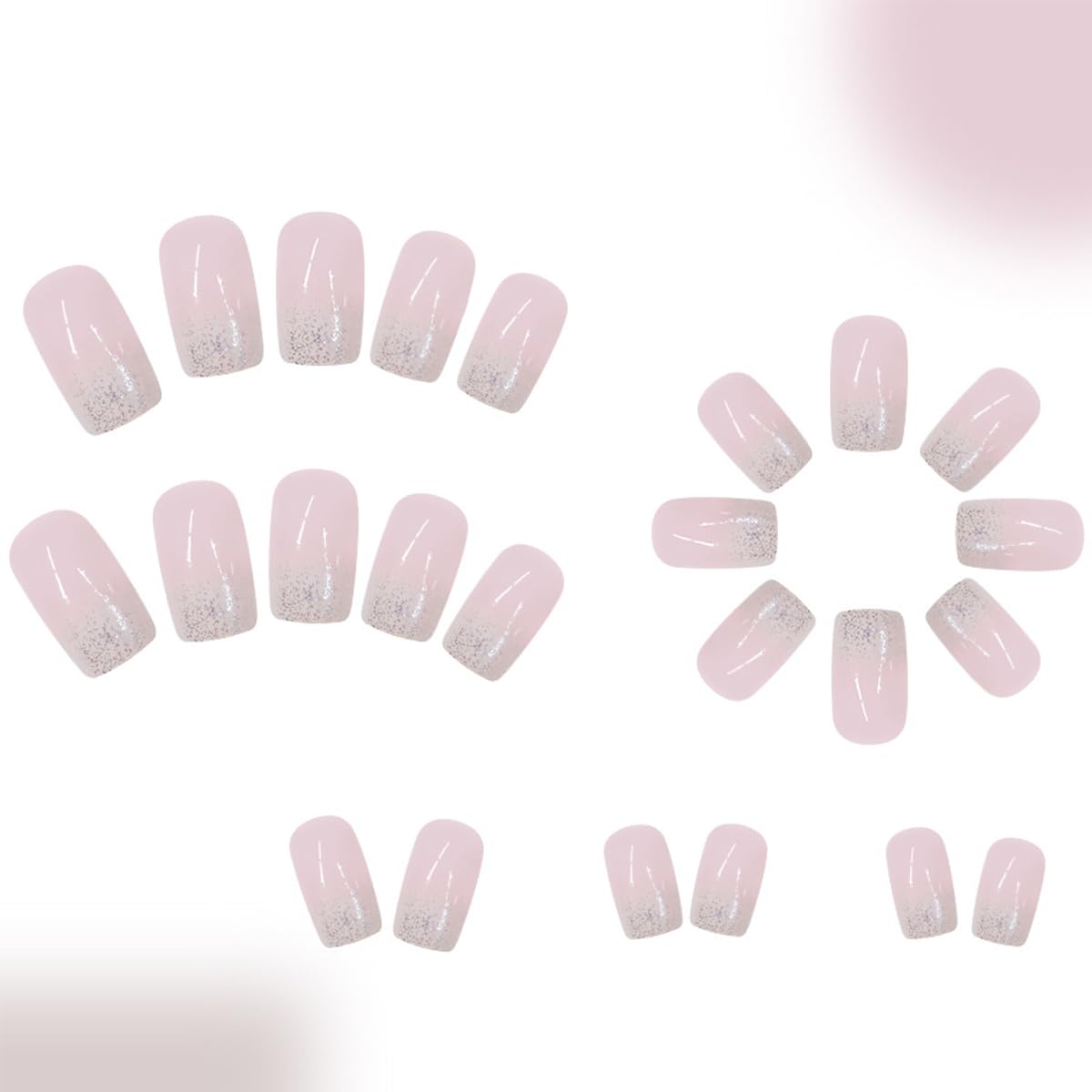 24Pcs White Glitter French Tip Press on Nails Short Square Fake Nails Glossy Nude Pink Design Glue on Nails Artificial Reusable Stick on Nails Coffin Acrylic Nail Tips Full Cover False Nails for Women - Image 3