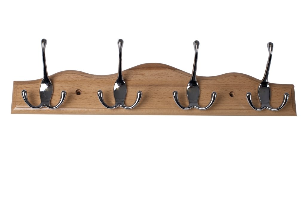 Merriway BH03925 Triple Hat and Coat Hooks x 4 Nickel Hooks on Scalloped Beech Rail
