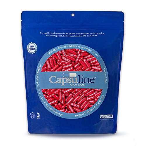 Capsuline Colored Gelatin Empty Capsules, Size 0, Red/Red, 1000 Count