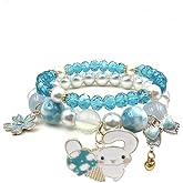 INENIMARTJ Matching Bracelets Set Pink Crystal Beads Bracelet Cute Cartoon Elastic Beaded Pearl Bracelets Jewelry Christmas Stocking Stuffers for Women Friendship Bracelet