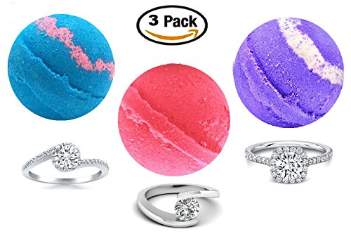 Ring Bath Bombs - Gift Set of Three Surprise Bath Bombs (5 oz ea) - Girls Gift Set of Pink, Blue, and Purple Bath Bombs with 92.5 Silver CZ Rings