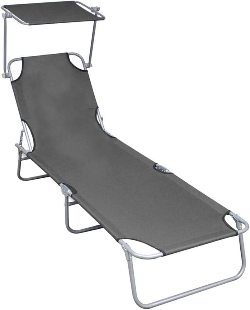 Unfade Memory Folding Sun Lounger with Canopy,Adjustable Sunlounger,Foldable Chaise Lounge for Backyard Patio Garden Lawn Balcony (Grey)
