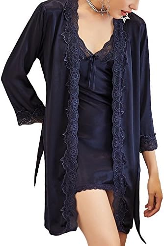 AIKOSHA Women’s Silky Trim Lace V Neck Strappy Satin Night Dress and Dressing Gown 2 Piece Nightie Set
