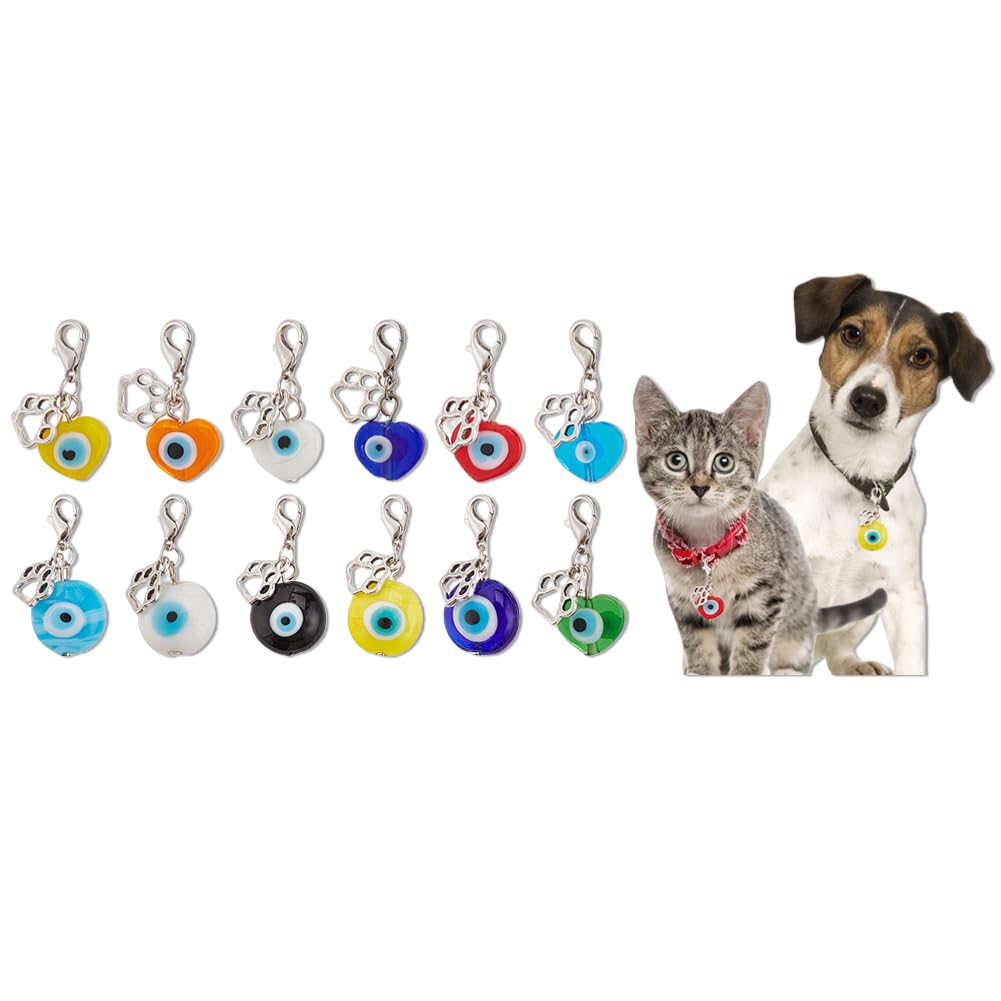 DELORIGIN 12pcs Evil Eye Collar Pendants for Cat Dog, Heart Round Jewelry Charms Lucky Dog Paw Pet Collar Pendants Clip-on Charms for Bag Decor Keychain Pet Necklace Training Home Decoration