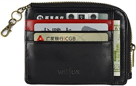 Womens RFID Leather Zipper Small Card Case Slim Wallet With Key Chain ID Window ( Black and Red ) …
