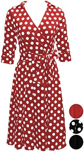 Women's Retro Casual Swing Dress with Iconic Style, Vintage-Inspired Rockabilly Dress Featuring Half Sleeves, Deep V-Neck, &amp; Removable Bow Belt (Large, Bright Red &amp; White Polka Dot)