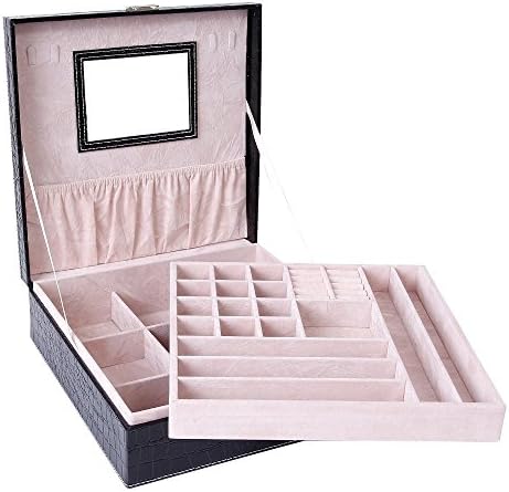 NEOTEND Black Leather Jewelry Box Lockable Storage Organizer Case with Mirror