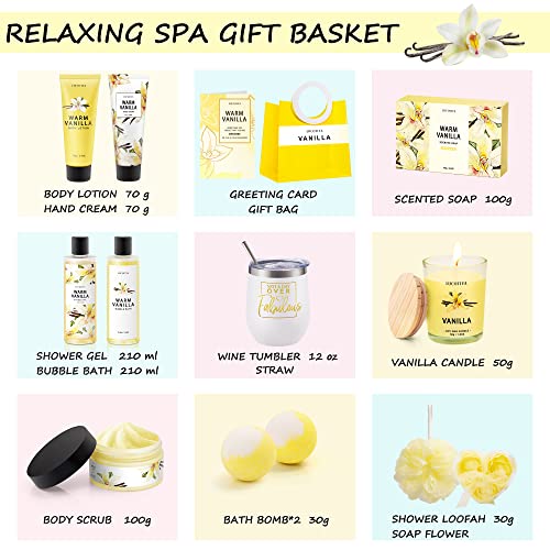 Gift Baskets for Women, Vanilla Spa Gifts for Women, 15pcs Bath and Body Gift Set with Bubble Bath, Relaxing Gifts for Women, Birthday Gifts for Her, Mom, Friends, Sister, Coworker, Wife, Girlfriend