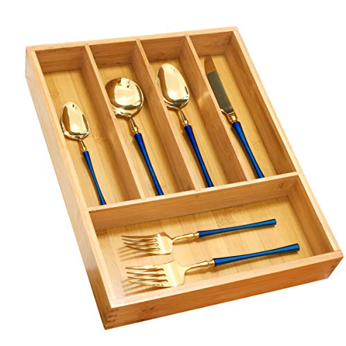 Silverware Utensil Tray Wooden Cutlery Drawer Dividers 5 Compartments Organizer Storage Holder Bamboo Flatware Organizer Good for Knives Forks Spoons | Office Supplies|Cosmetics |Utility Accessories