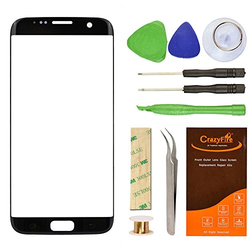 Samsung Galaxy S7 Edge Black Replacement Front Outer Lens Glass Screen CrazyFire Repair Kit with 1MM Adhesive Tape +Tools Kit+ 1 Pair Tweezers+1 Roll Micro Wire for G935V G935P G935F G935T G935A