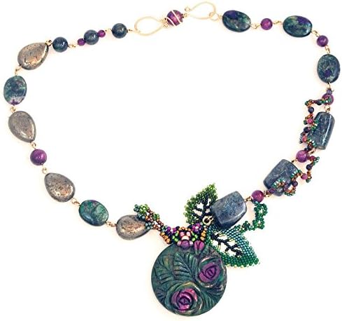 Ruby Fuchsite Carved Rose Necklace with Ruby, Teal Kyanite, Pyrite, 14K Gold Filled; One of a Kind