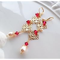 Red Crystal and Pearl Gold Chandelier Earrings