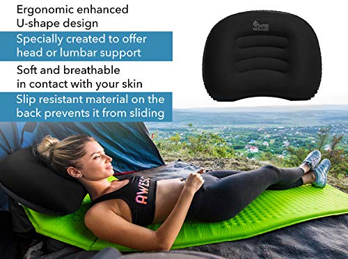 SuitedNomad Inflatable Camping Pillow-Ultralight Backpacking Blow Up Travel Pillow-Comfortable,Ergonomic Neck&Lumbar Support-Great for Camp,Hiking,Tent,Beach (Black)