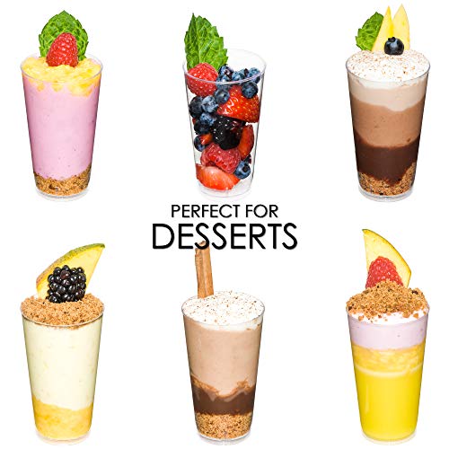 DLux 100 x 3 oz Mini Dessert Cups with Spoons, Shooter - Clear Plastic Parfait Appetizer Cup - Small Disposable Reusable Shot Glass for Tasting Party Shooters Desserts Appetizers - With Recipe Ebook