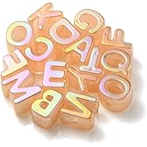 DanLingJewelry 100Pcs Random Orange Acrylic Letter Beads Large Hole UV Plating Iridescent Alphabet A~Z Beads for Jewelry Making DIY Necklace