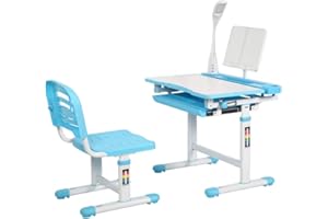 Diroan Kids Functional Desk and Chair Set, Height Adjustable Children School Study Desk with Tilt Desktop, Book Stand, LED Light, Metal Hook and Storage Drawer for Boys Girls Blue