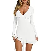 HYZ Women’s Sexy Bodycon V Neck Long Sleeve Mesh Ruffle Hem Cocktail Slit Mini Dress