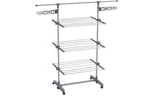 VOUNOT Clothes Drying Rack, Rolling 3-Tier Laundry Hanger Foldable Drying Rack Stainless Steel Clothes Horse for Indoor Outdoor